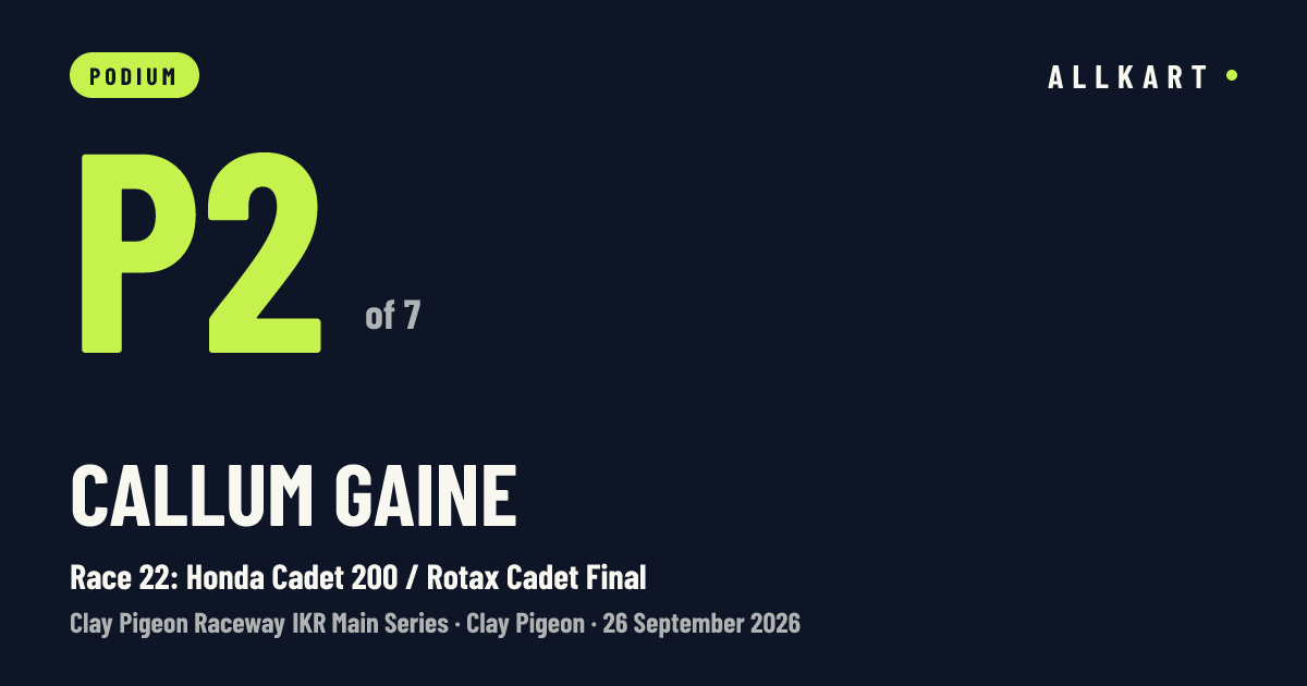 Callum Gaine: P2 of 7 in Race 22: Honda Cadet 200 / Rotax Cadet Final at Clay Pigeon