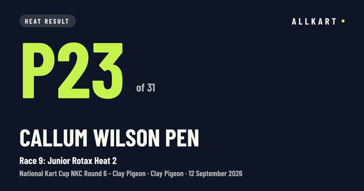 Callum Wilson pen: P23 of 31 in Race 9: Junior Rotax Heat 2 at Clay Pigeon
