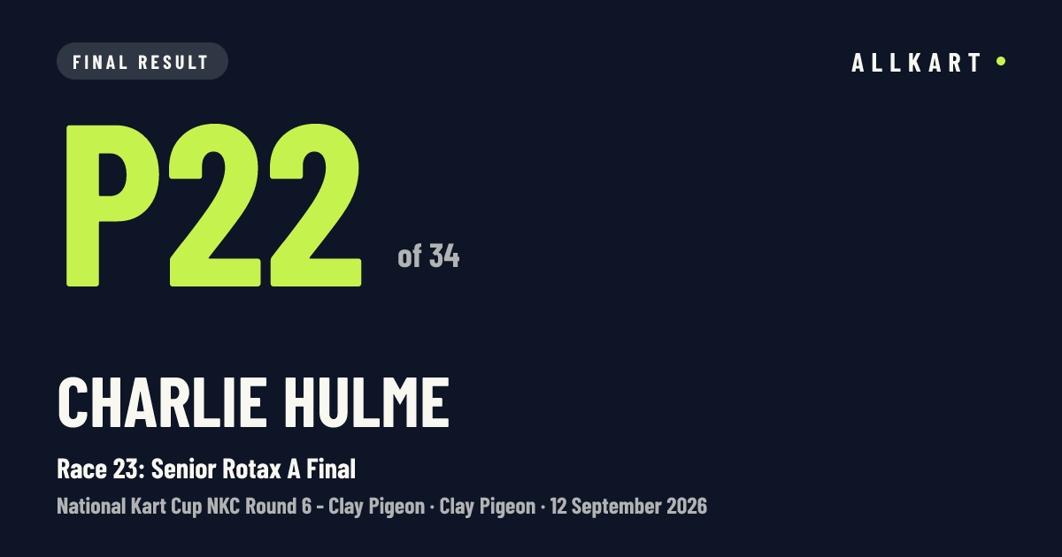 Charlie Hulme: P22 of 34 in Race 23: Senior Rotax A Final at Clay Pigeon