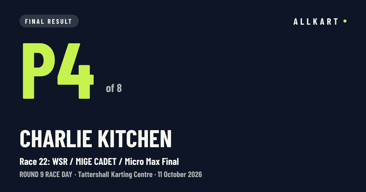 Charlie KITCHEN: P4 of 8 in Race 22: WSR / MIGE CADET / Micro Max Final at Tattershall Karting Centre