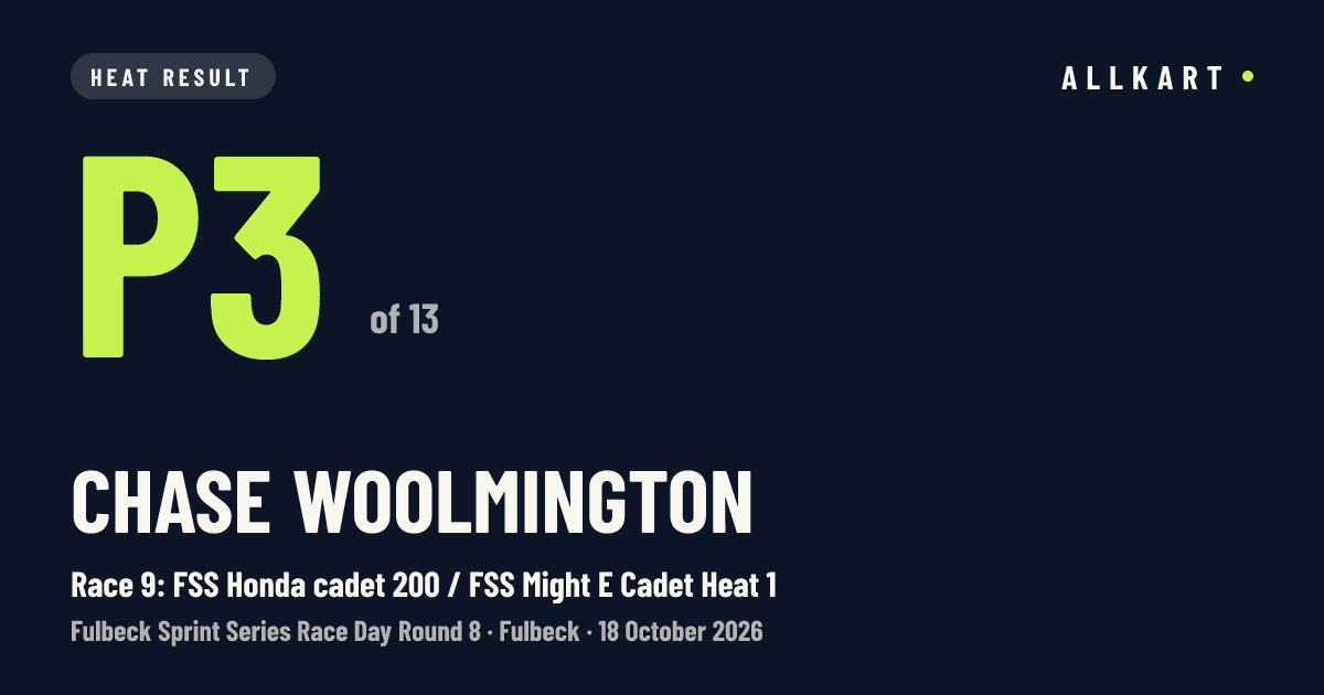 Chase Woolmington: P3 of 13 in Race 9: FSS Honda cadet 200 / FSS Might E Cadet Heat 1 at Fulbeck