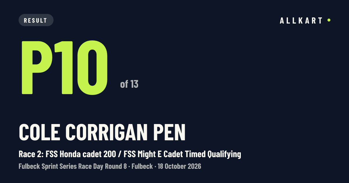 Cole Corrigan pen: P10 of 13 in Race 2: FSS Honda cadet 200 / FSS Might E Cadet Timed Qualifying at Fulbeck