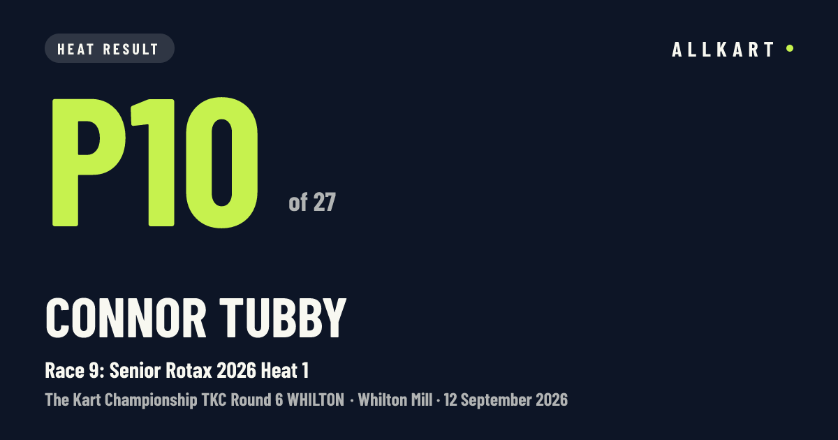 Connor Tubby: P10 of 27 in Race 9: Senior Rotax 2026 Heat 1 at Whilton Mill