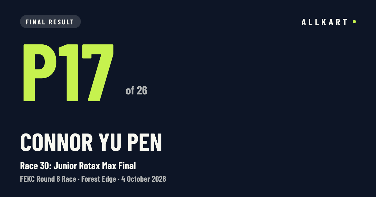 Connor Yu pen: P17 of 26 in Race 30: Junior Rotax Max Final at Forest Edge