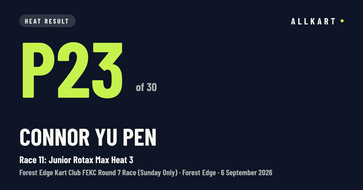 Connor Yu pen: P23 of 30 in Race 11: Junior Rotax Max Heat 3 at Forest Edge