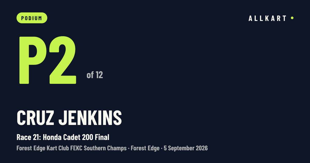 Cruz Jenkins: P2 of 12 in Race 21: Honda Cadet 200 Final at Forest Edge