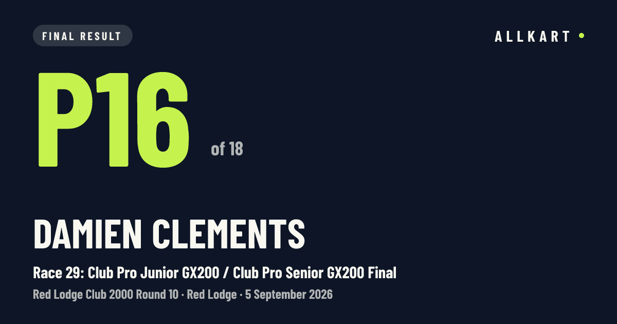Damien Clements: P16 of 18 in Race 29: Club Pro Junior GX200 / Club Pro Senior GX200 Final at Red Lodge