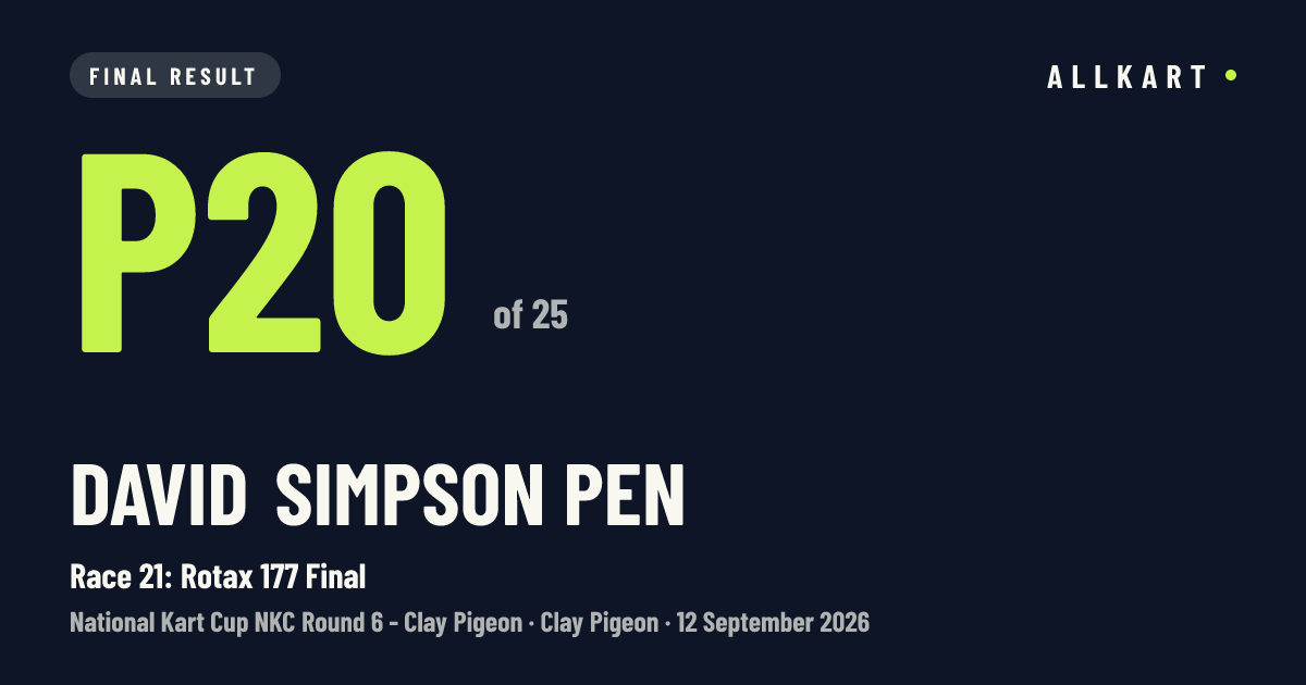 David Simpson pen: P20 of 25 in Race 21: Rotax 177 Final at Clay Pigeon