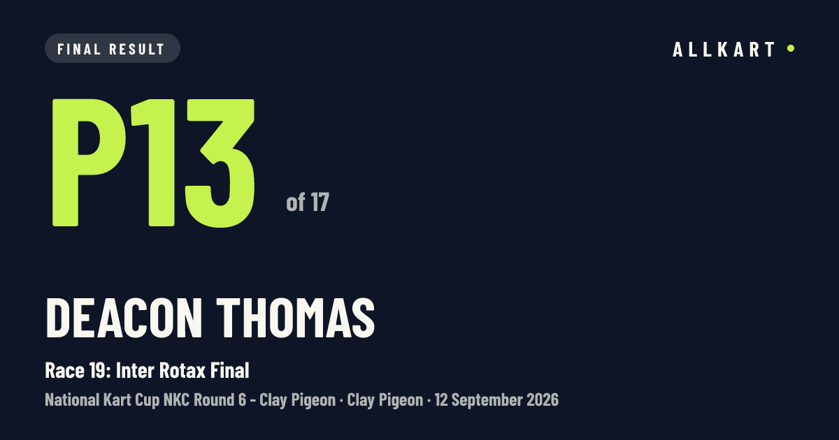 Deacon Thomas: P13 of 17 in Race 19: Inter Rotax Final at Clay Pigeon