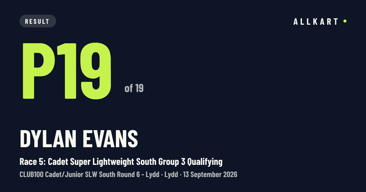 Dylan Evans: P19 of 19 in Race 5: Cadet Super Lightweight South Group 3 Qualifying at Lydd