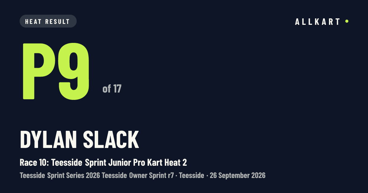 Dylan Slack: P9 of 17 in Race 10: Teesside Sprint Junior Pro Kart Heat 2 at Teesside