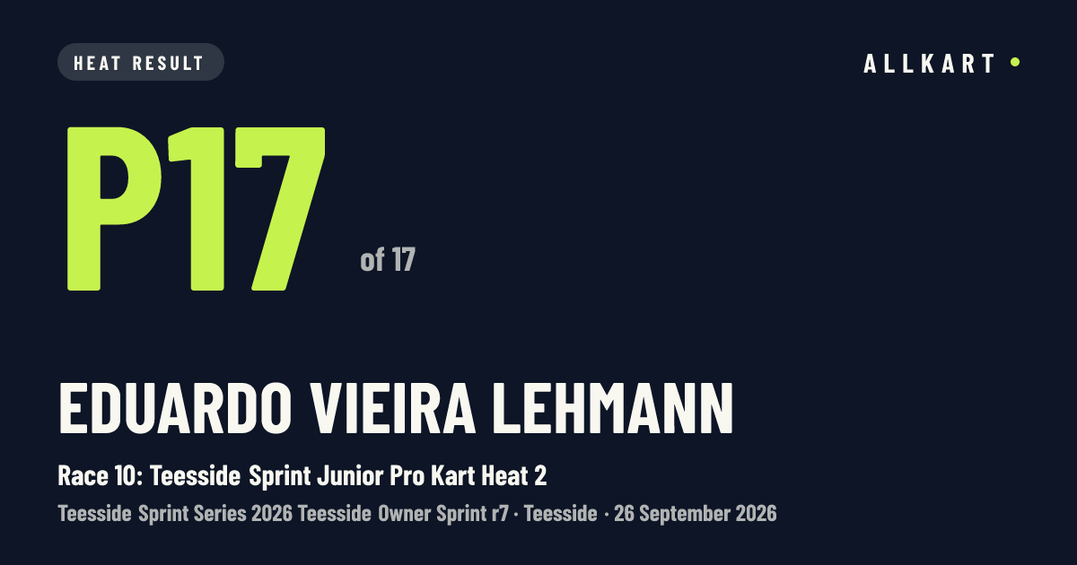 Eduardo Vieira lehmann: P17 of 17 in Race 10: Teesside Sprint Junior Pro Kart Heat 2 at Teesside