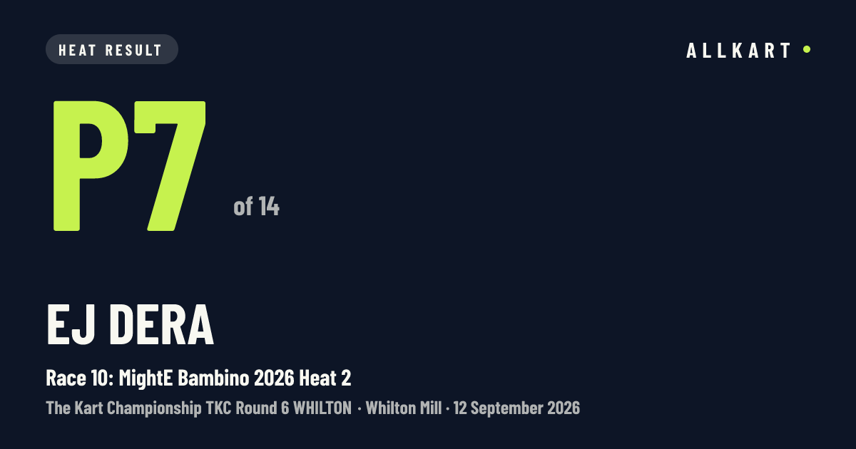Ej Dera: P7 of 14 in Race 10: MightE Bambino 2026 Heat 2 at Whilton Mill