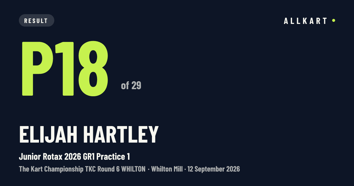 Elijah Hartley: P18 of 29 in Junior Rotax 2026 GR1 Practice 1 at Whilton Mill