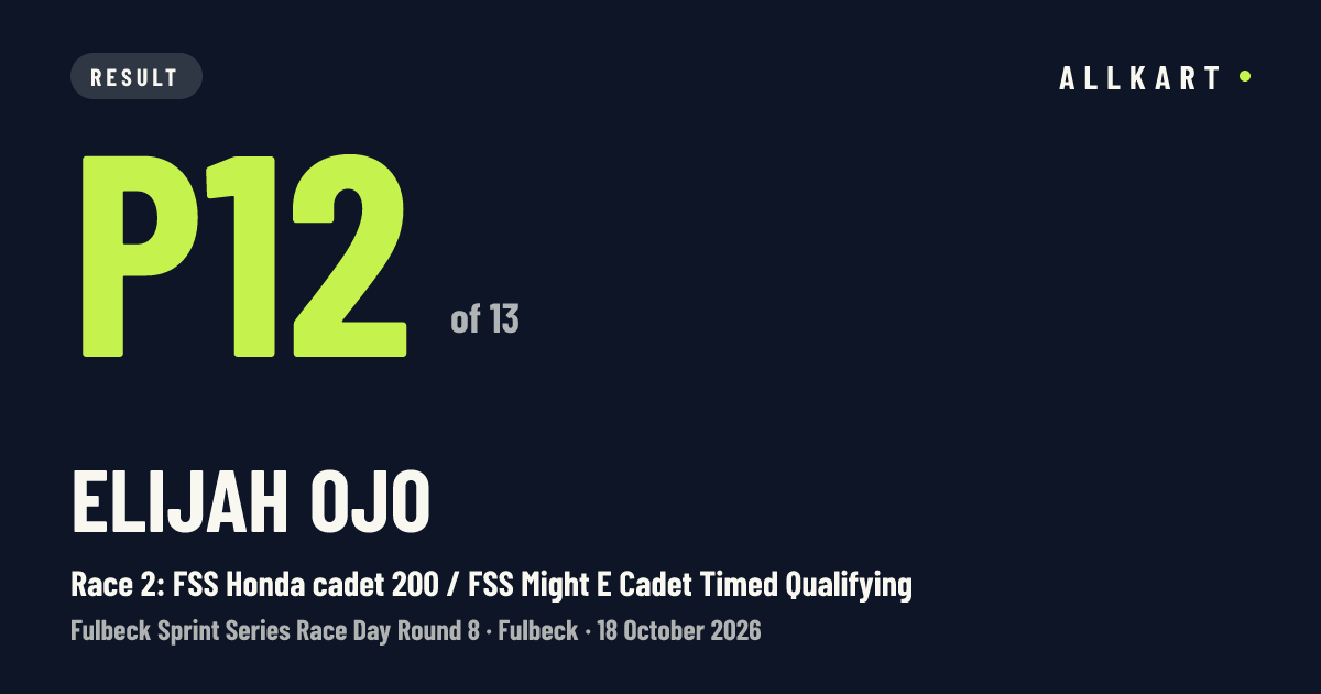 Elijah Ojo: P12 of 13 in Race 2: FSS Honda cadet 200 / FSS Might E Cadet Timed Qualifying at Fulbeck