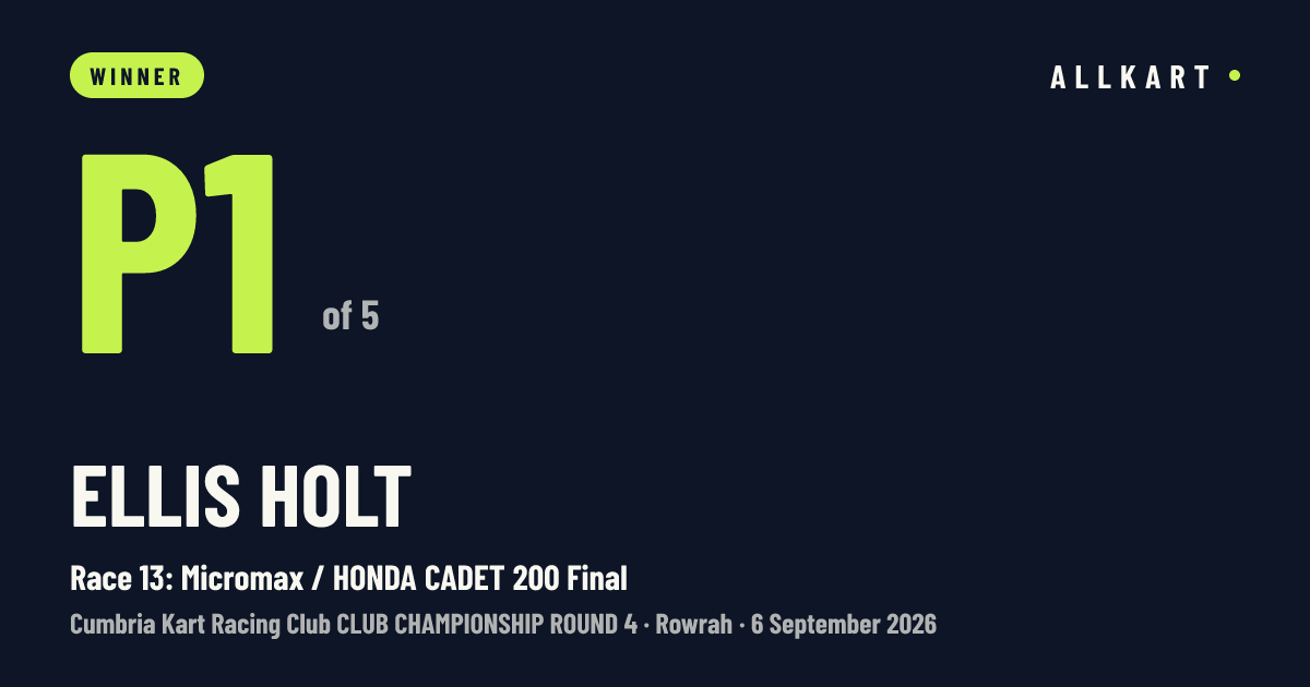 Ellis Holt: P1 of 5 in Race 13: Micromax / HONDA CADET 200 Final at Rowrah