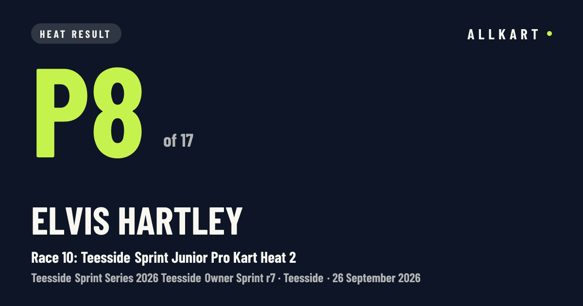 Elvis Hartley: P8 of 17 in Race 10: Teesside Sprint Junior Pro Kart Heat 2 at Teesside