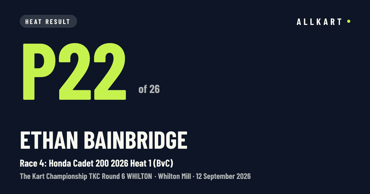 Ethan Bainbridge: P22 of 26 in Race 4: Honda Cadet 200 2026 Heat 1 (BvC) at Whilton Mill