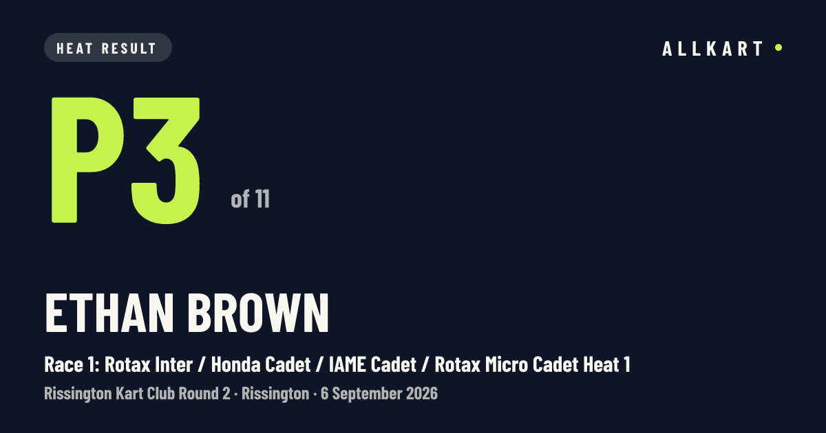 Ethan Brown: P3 of 11 in Race 1: Rotax Inter / Honda Cadet / IAME Cadet / Rotax Micro Cadet Heat 1 at Rissington