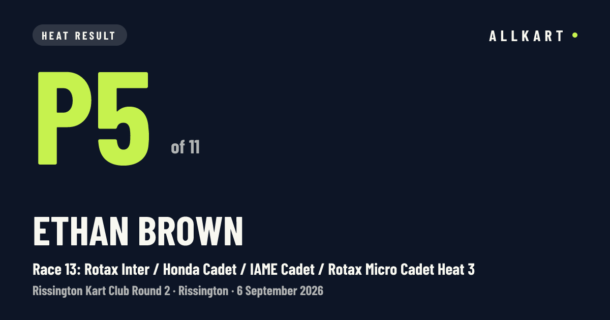 Ethan Brown: P5 of 11 in Race 13: Rotax Inter / Honda Cadet / IAME Cadet / Rotax Micro Cadet Heat 3 at Rissington
