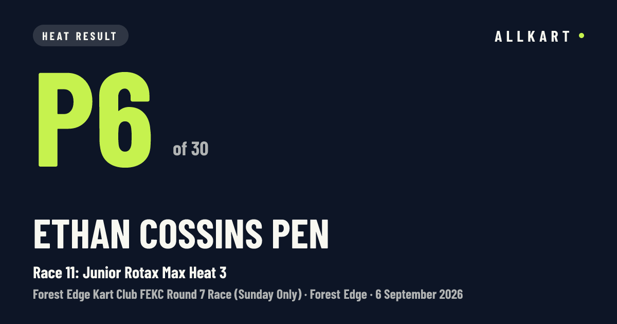 Ethan Cossins pen: P6 of 30 in Race 11: Junior Rotax Max Heat 3 at Forest Edge