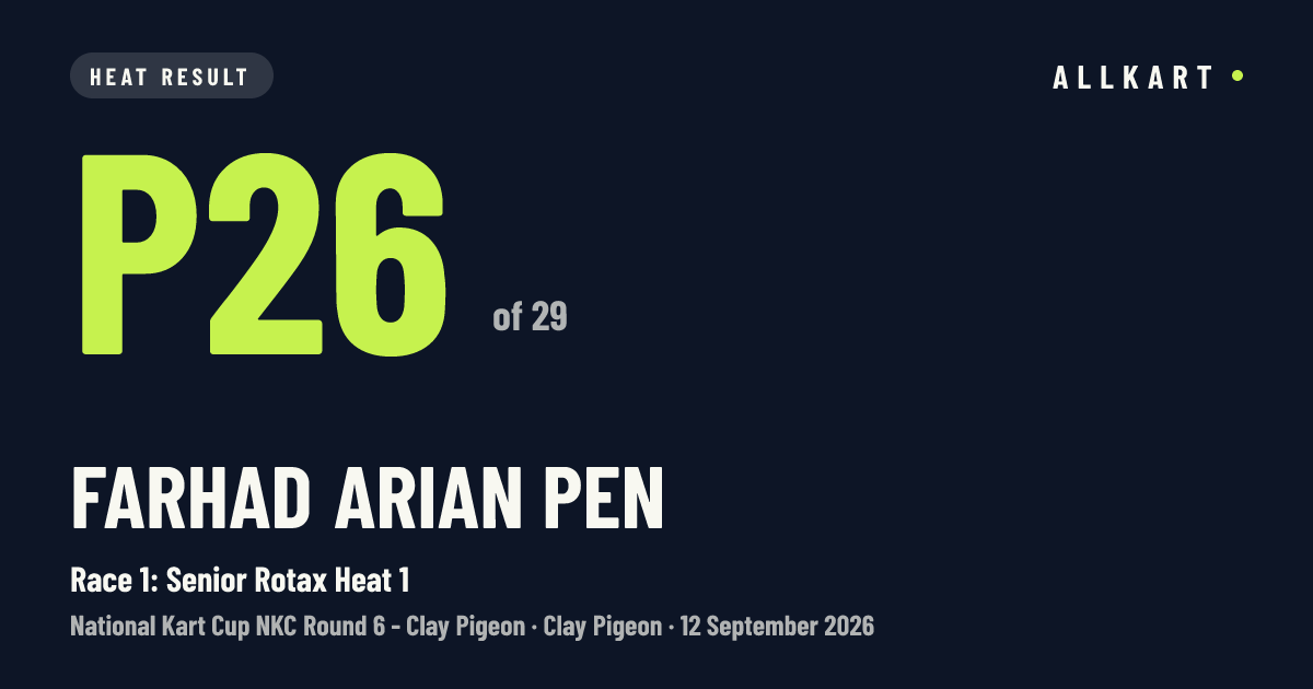 Farhad Arian pen: P26 of 29 in Race 1: Senior Rotax Heat 1 at Clay Pigeon