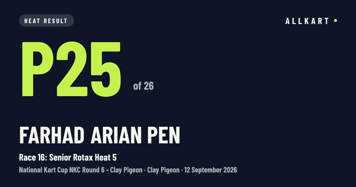 Farhad Arian pen: P25 of 26 in Race 16: Senior Rotax Heat 5 at Clay Pigeon