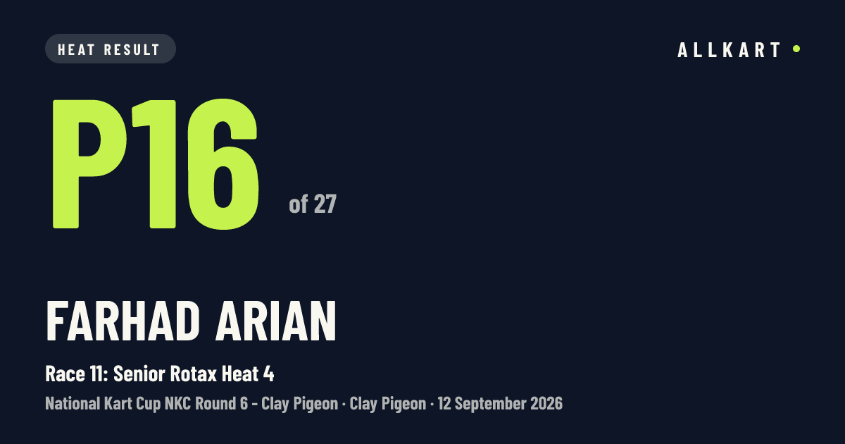 Farhad Arian: P16 of 27 in Race 11: Senior Rotax Heat 4 at Clay Pigeon