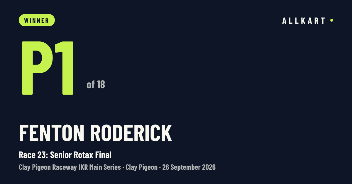 Fenton Roderick: P1 of 18 in Race 23: Senior Rotax Final at Clay Pigeon