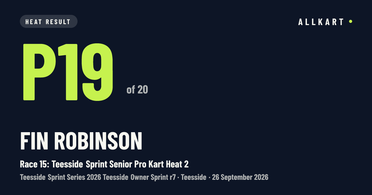 Fin Robinson: P19 of 20 in Race 15: Teesside Sprint Senior Pro Kart Heat 2 at Teesside