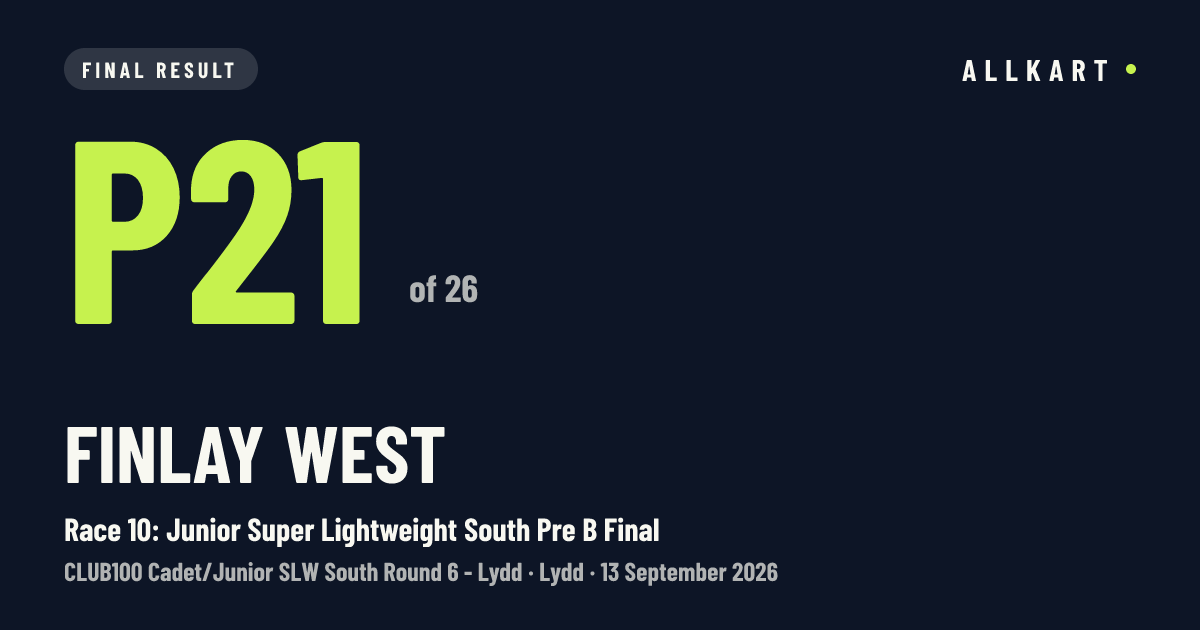 Finlay West: P21 of 26 in Race 10: Junior Super Lightweight South Pre B Final at Lydd