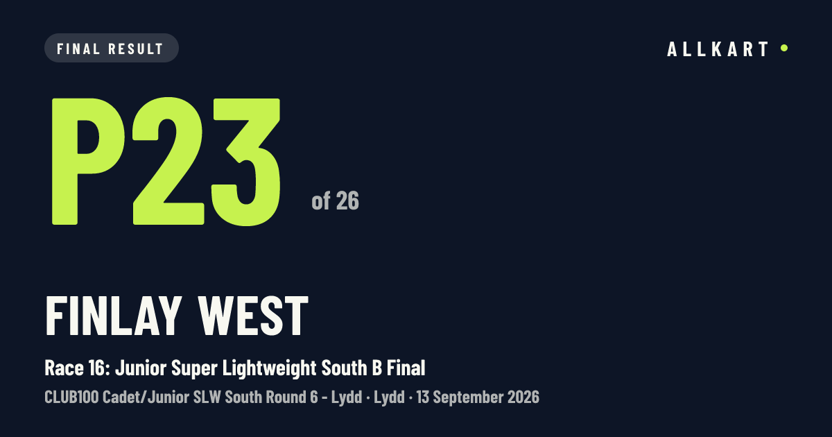 Finlay West: P23 of 26 in Race 16: Junior Super Lightweight South B Final at Lydd