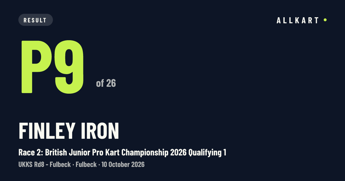 Finley Iron: P9 of 26 in Race 2: British Junior Pro Kart Championship 2026 Qualifying 1 at Fulbeck
