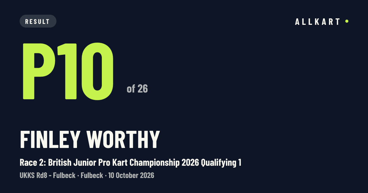 Finley Worthy: P10 of 26 in Race 2: British Junior Pro Kart Championship 2026 Qualifying 1 at Fulbeck