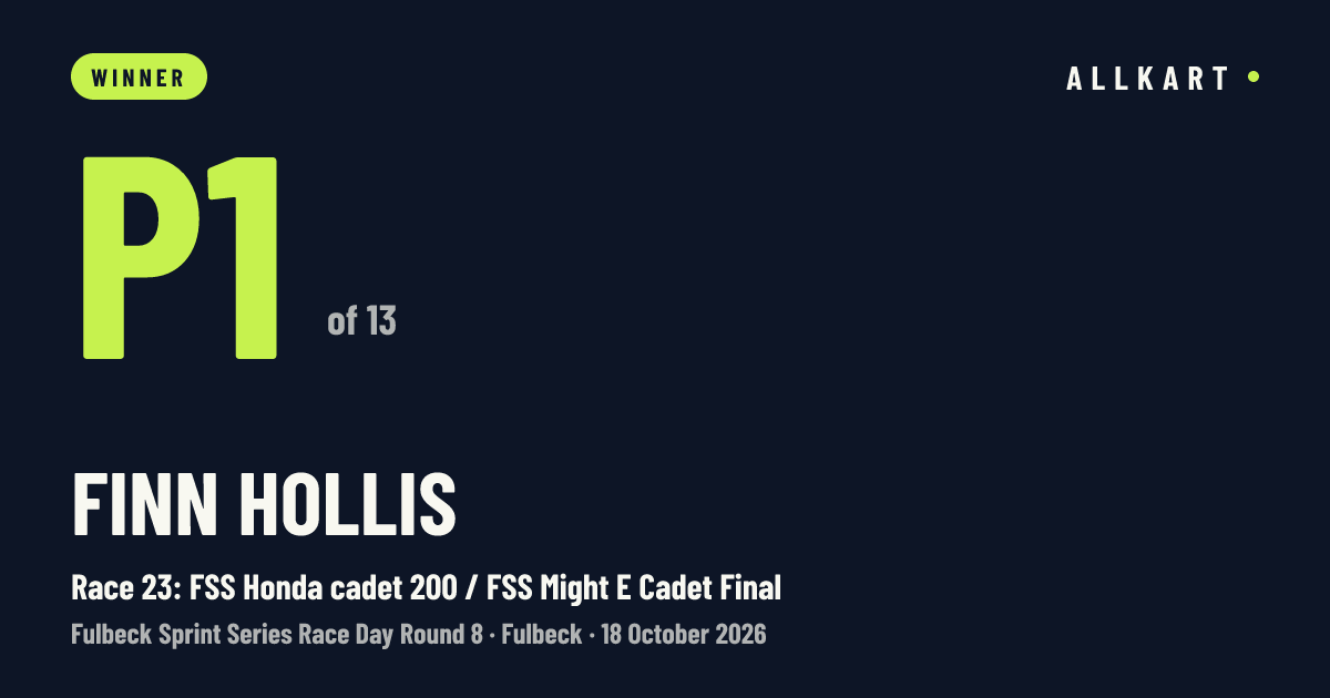 Finn Hollis: P1 of 13 in Race 23: FSS Honda cadet 200 / FSS Might E Cadet Final at Fulbeck