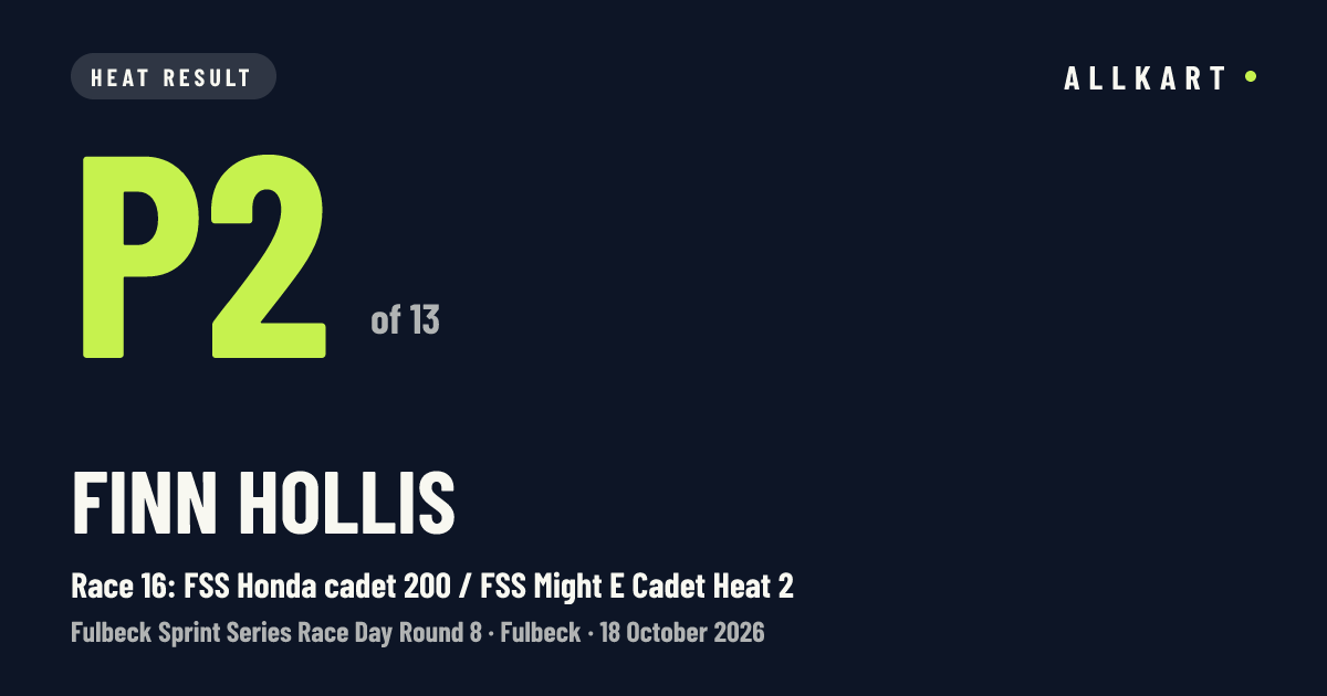 Finn Hollis: P2 of 13 in Race 16: FSS Honda cadet 200 / FSS Might E Cadet Heat 2 at Fulbeck