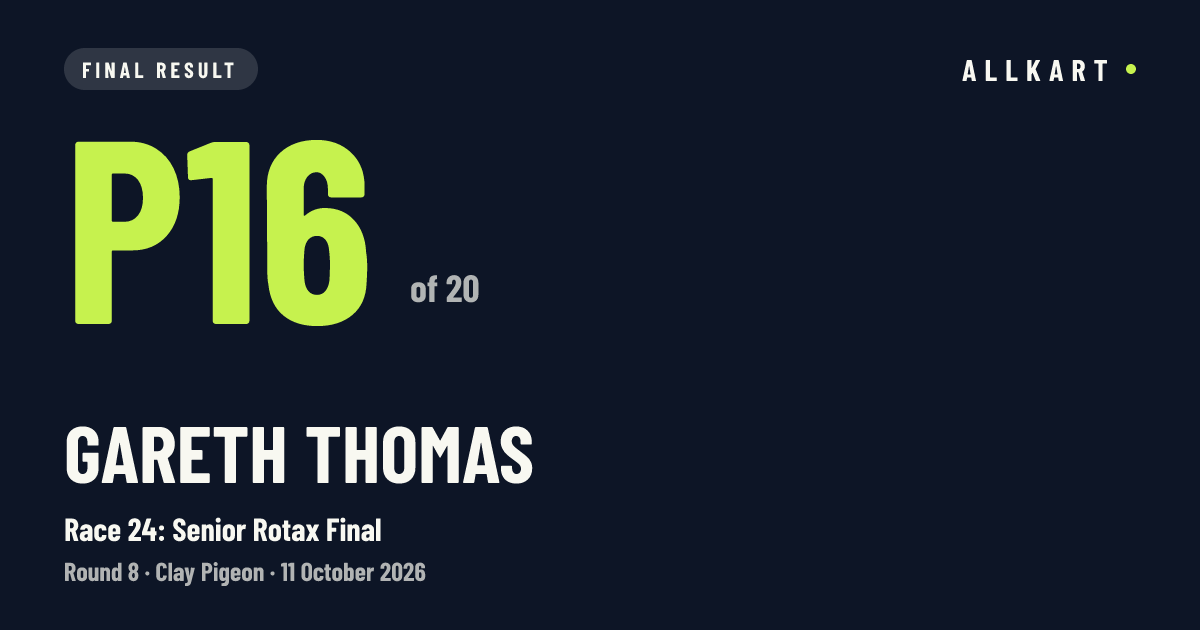 Gareth Thomas: P16 of 20 in Race 24: Senior Rotax Final at Clay Pigeon