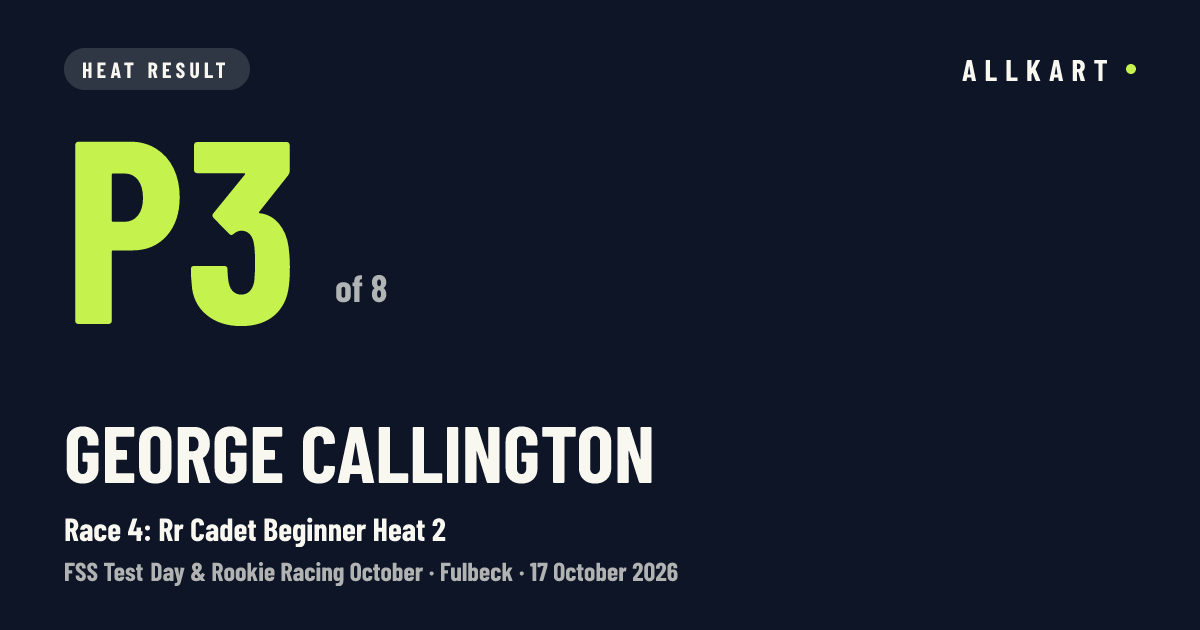George Callington: P3 of 8 in Race 4: Rr Cadet Beginner Heat 2 at Fulbeck