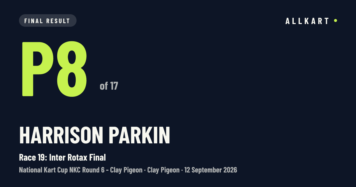 Harrison Parkin: P8 of 17 in Race 19: Inter Rotax Final at Clay Pigeon