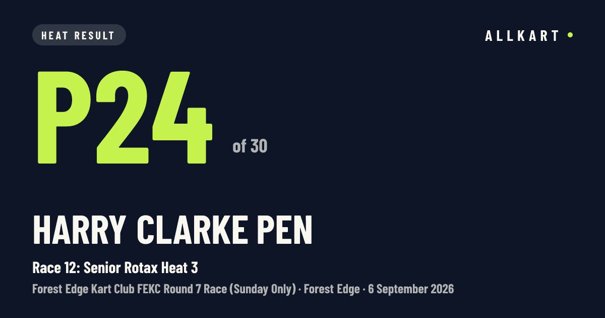 Harry Clarke pen: P24 of 30 in Race 12: Senior Rotax Heat 3 at Forest Edge