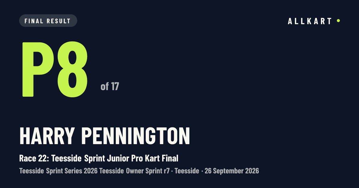 Harry Pennington: P8 of 17 in Race 22: Teesside Sprint Junior Pro Kart Final at Teesside