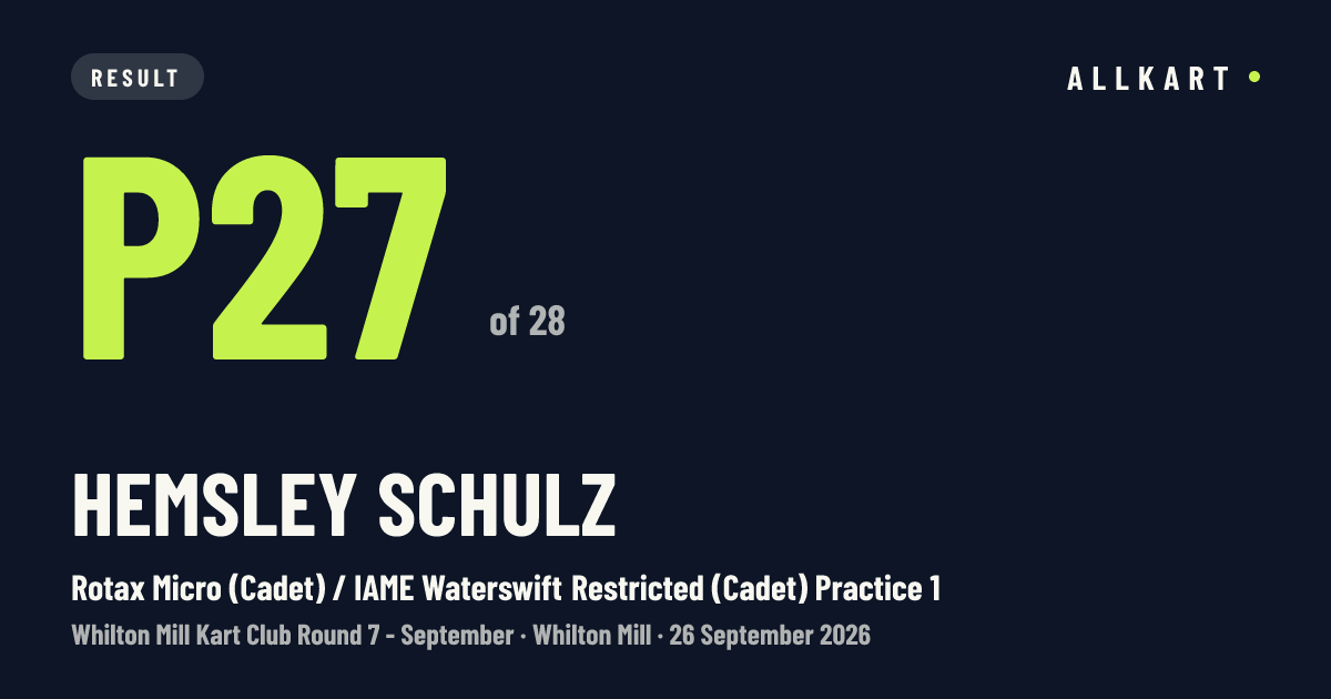 Hemsley SCHULZ: P27 of 28 in Rotax Micro (Cadet) / IAME Waterswift Restricted (Cadet) Practice 1 at Whilton Mill