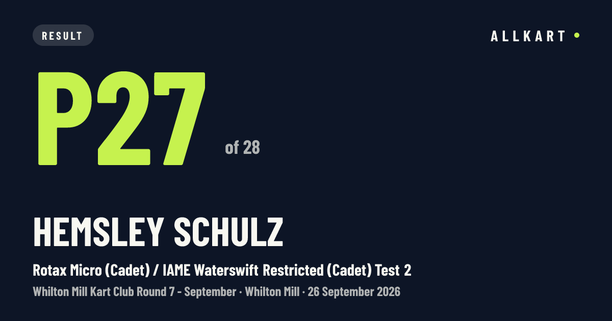 Hemsley SCHULZ: P27 of 28 in Rotax Micro (Cadet) / IAME Waterswift Restricted (Cadet) Test 2 at Whilton Mill