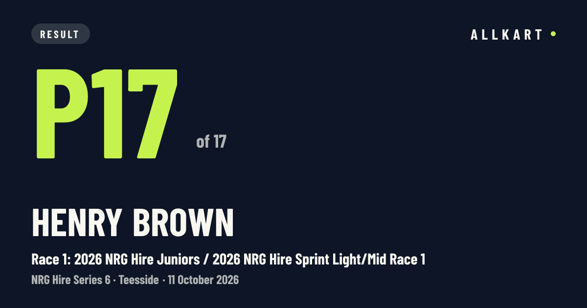 Henry Brown: P17 of 17 in Race 1: 2026 NRG Hire Juniors / 2026 NRG Hire Sprint Light/Mid Race 1 at Teesside