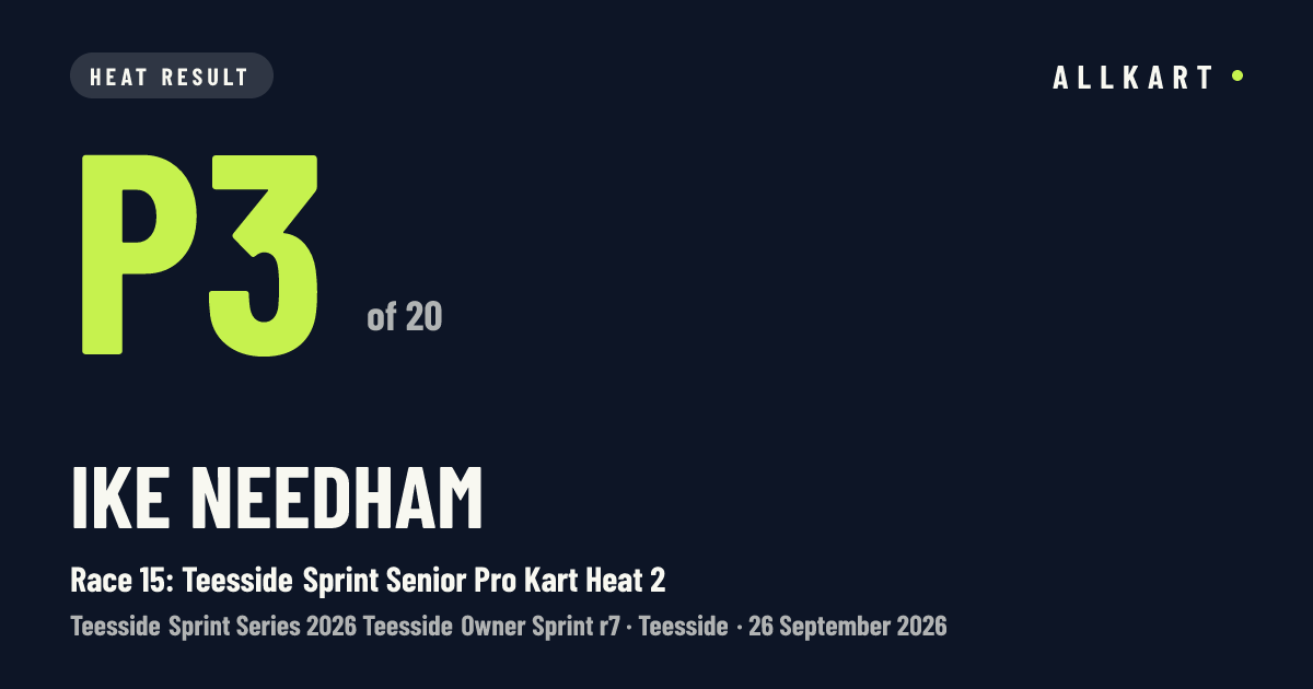 Ike Needham: P3 of 20 in Race 15: Teesside Sprint Senior Pro Kart Heat 2 at Teesside