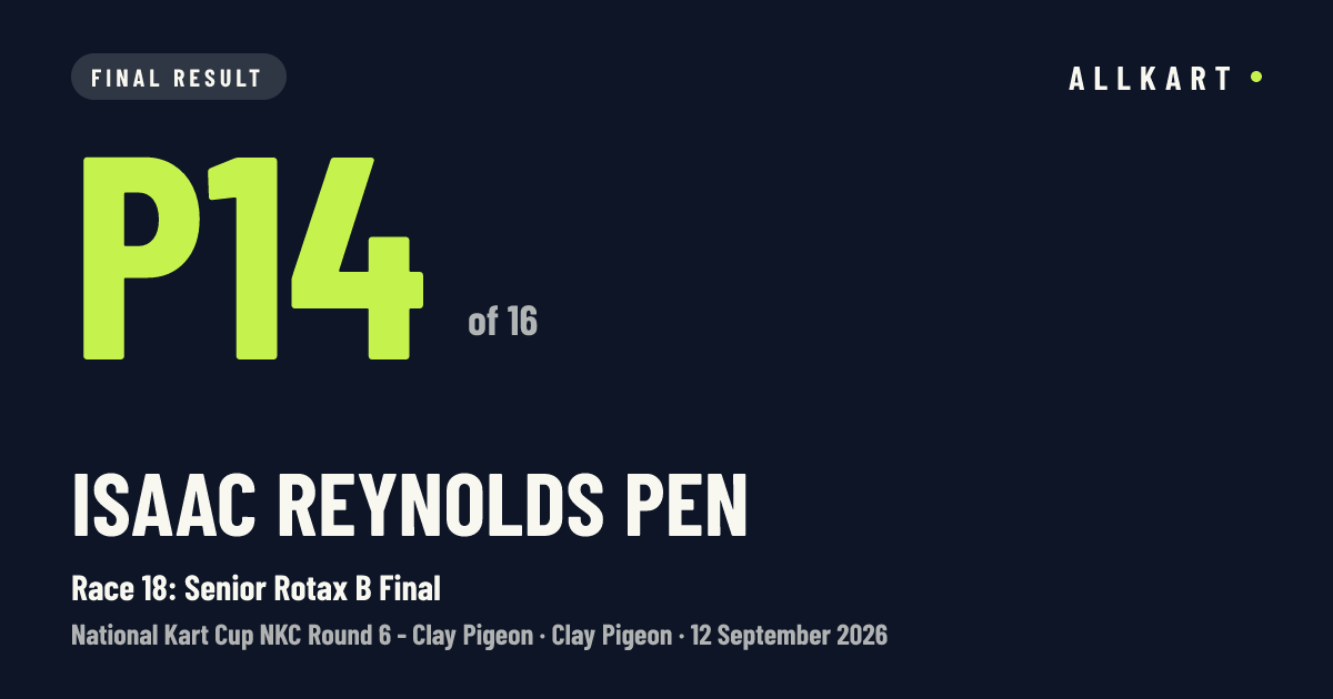Isaac Reynolds pen: P14 of 16 in Race 18: Senior Rotax B Final at Clay Pigeon