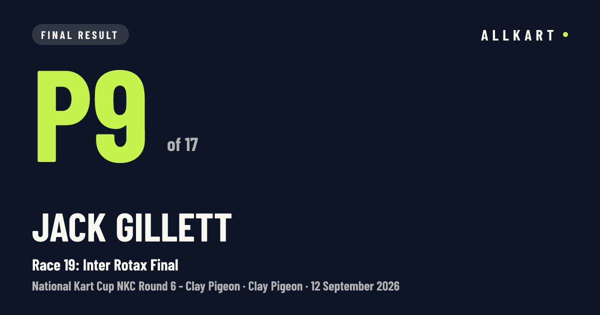 Jack Gillett: P9 of 17 in Race 19: Inter Rotax Final at Clay Pigeon