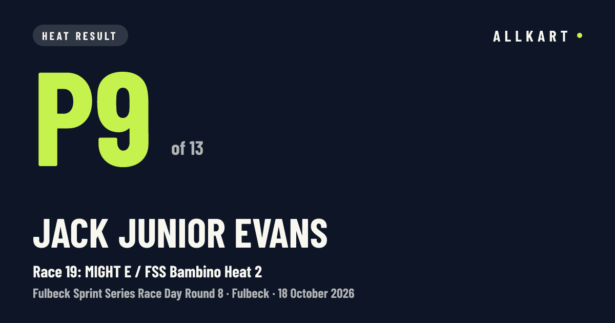 Jack Junior Evans: P9 of 13 in Race 19: MIGHT E / FSS Bambino Heat 2 at Fulbeck