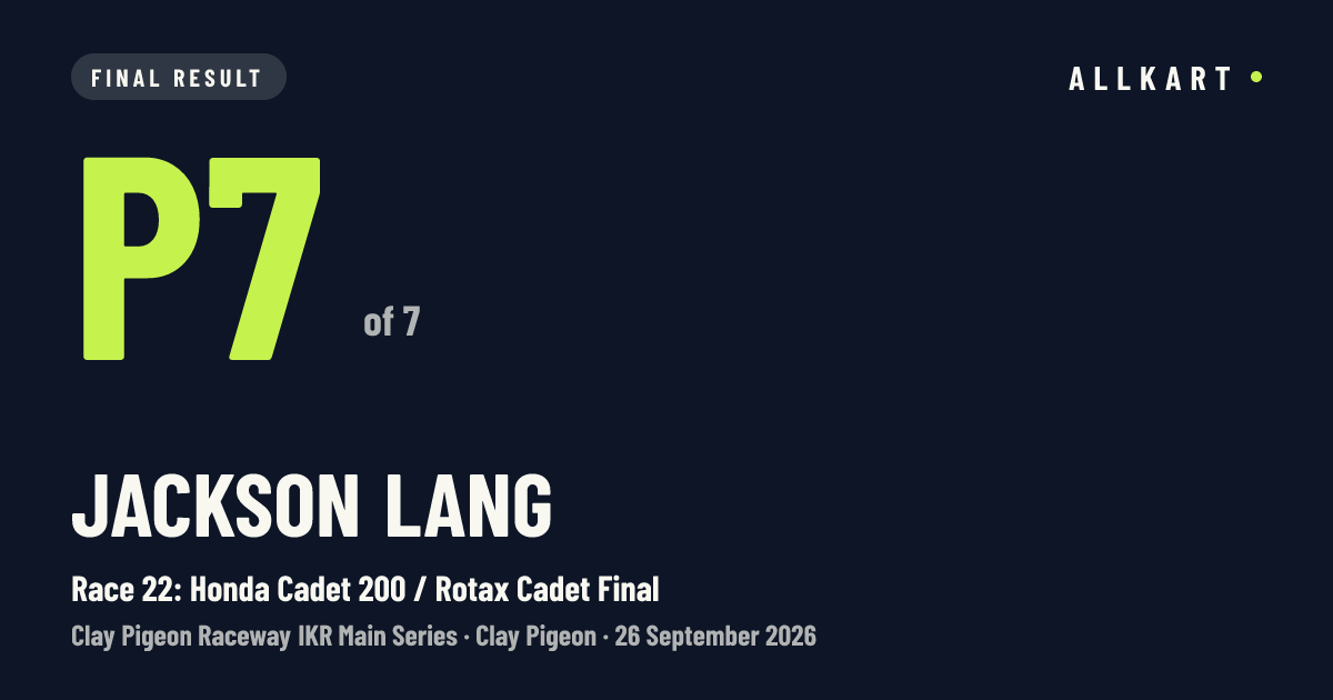Jackson Lang: P7 of 7 in Race 22: Honda Cadet 200 / Rotax Cadet Final at Clay Pigeon