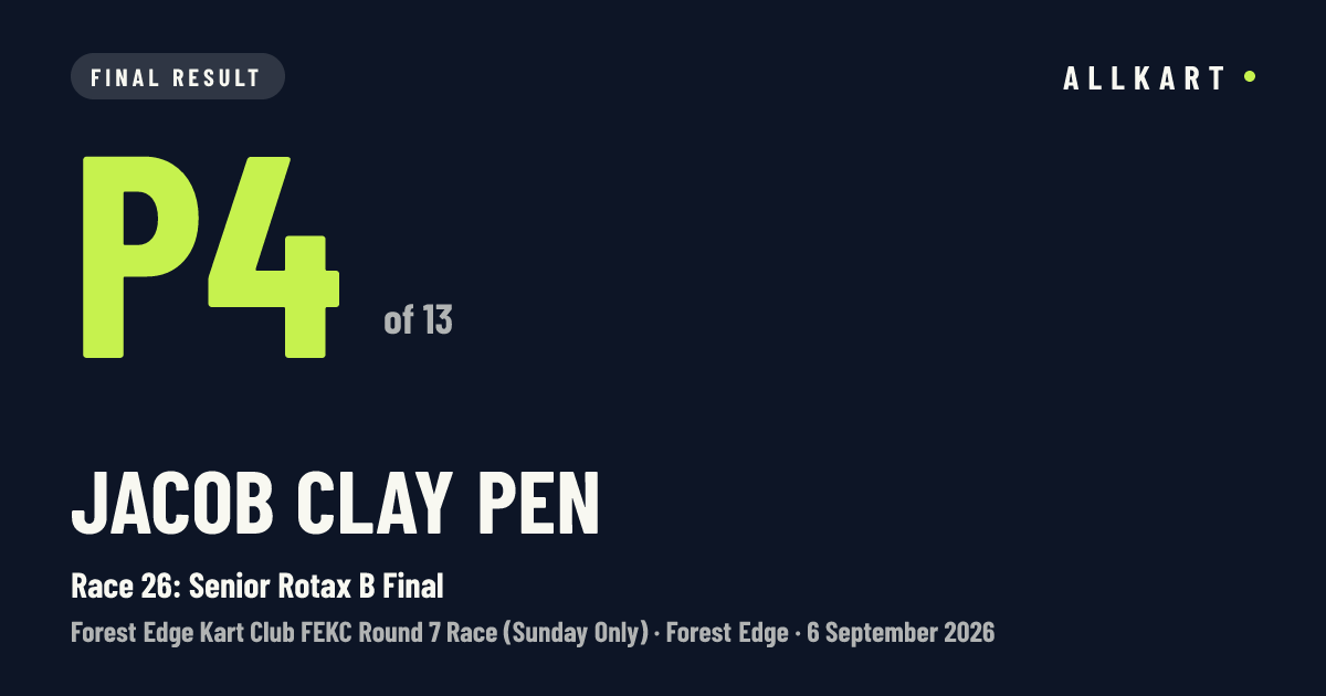 Jacob Clay pen: P4 of 13 in Race 26: Senior Rotax B Final at Forest Edge
